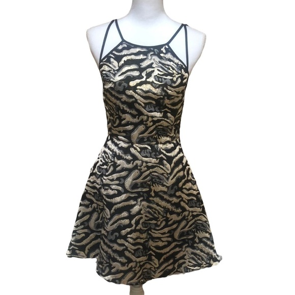 Design Lab (Lord& Taylor) Black/ Gold Animal Print Jacquard Cocktail Dress Sz S - Picture 1 of 16